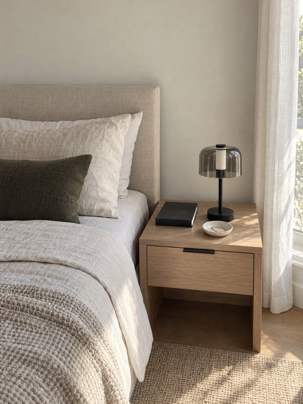 Noir Cordless Dome Nightstand Lamp on a nightstand in daylight