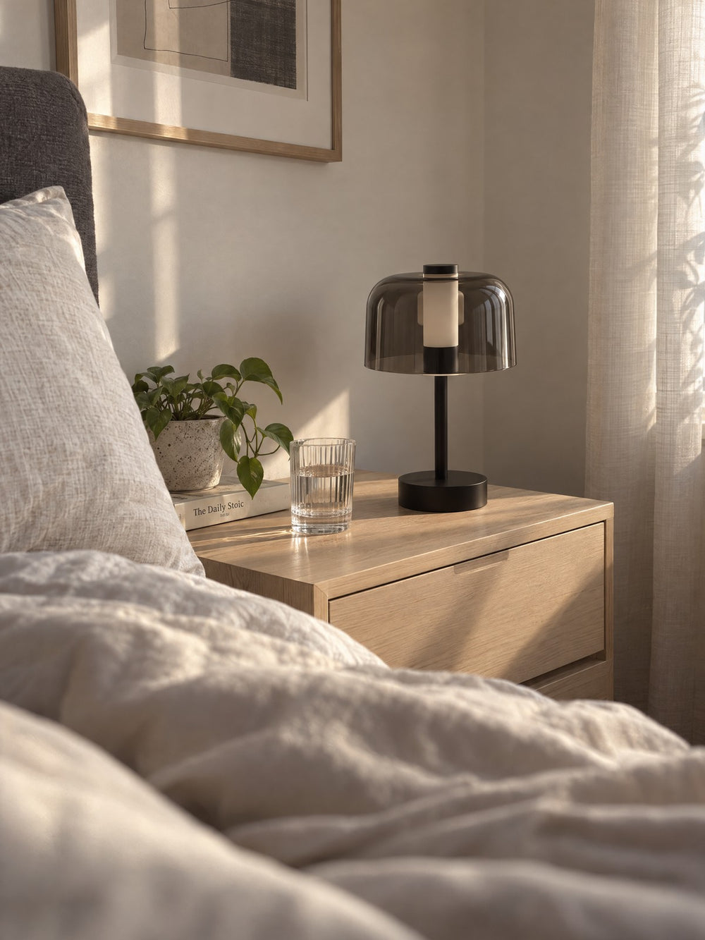 Noir Cordless Dome Nightstand Lamp seen from bed in the morning