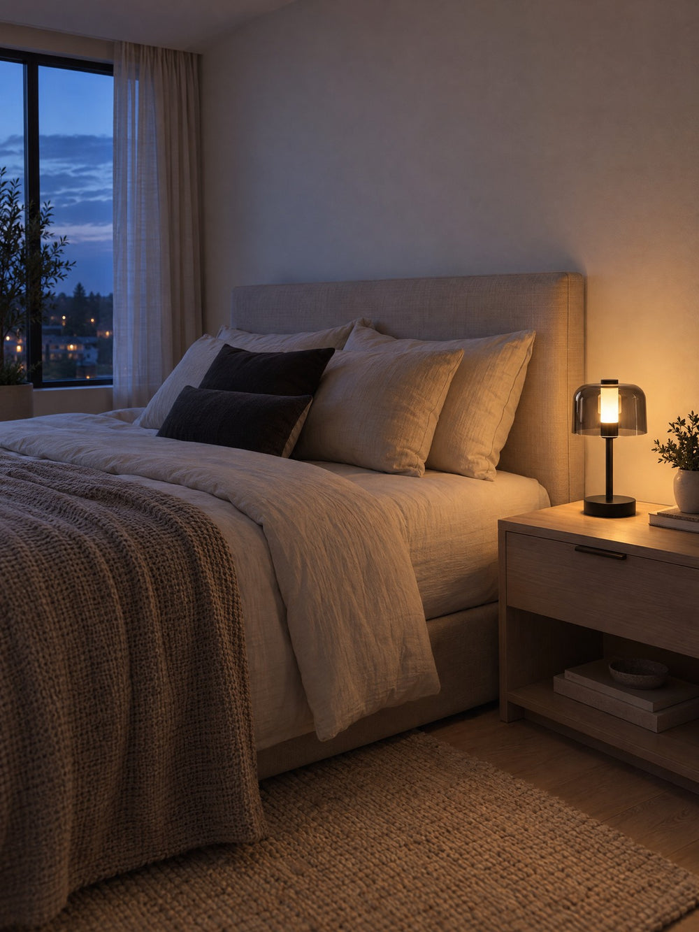 Noir Cordless Dome Nightstand Lamp lit at dusk with blue evening light outside
