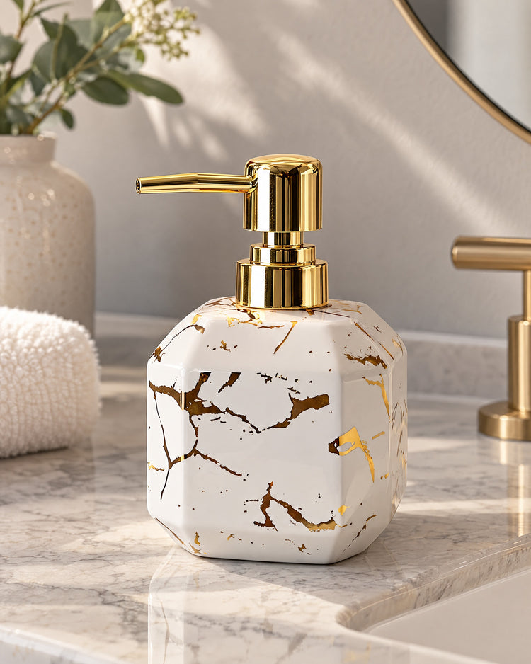 White: Octagonal Soap Dispenser, Marble Ceramic, Gold Pump, 12.85 oz on a bathroom vanity in soft daylight