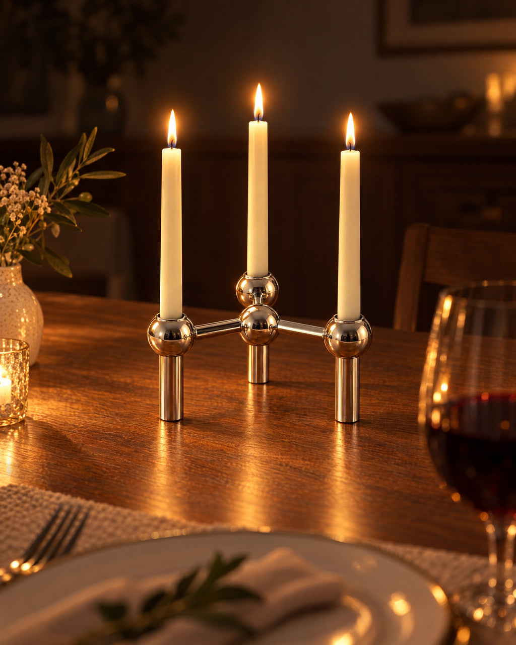 Silver: Orbit Stackable Metal Candlestick with candles lit at night on a dinner table
