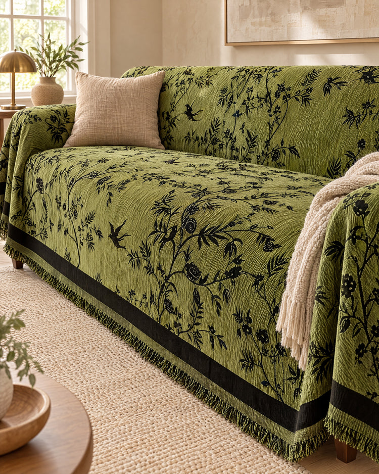Olive Green: Ormel Elegant Chenille Sofa Cover, styled on a sofa