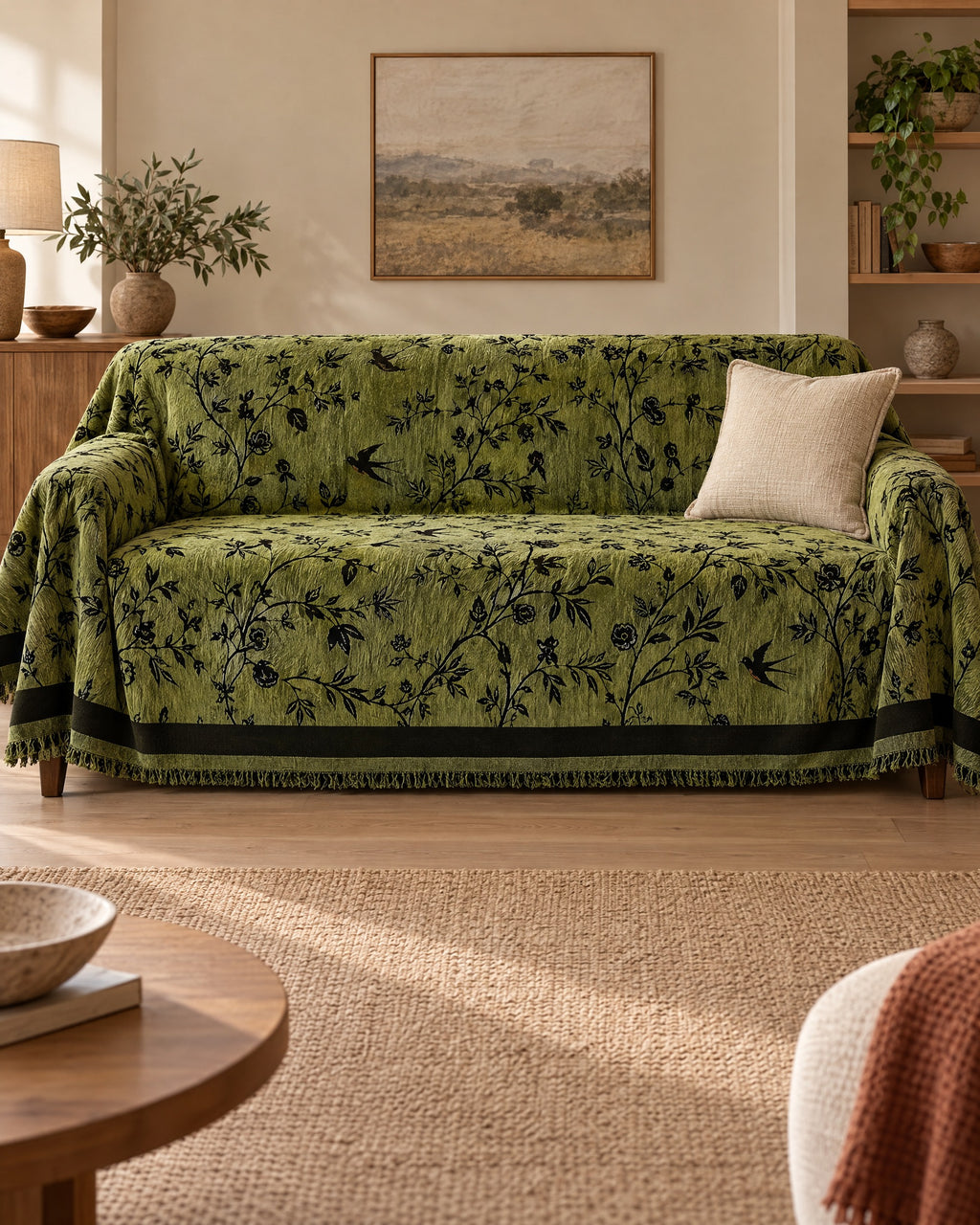 Olive Green: Ormel Elegant Chenille Sofa Cover shown on a full sofa