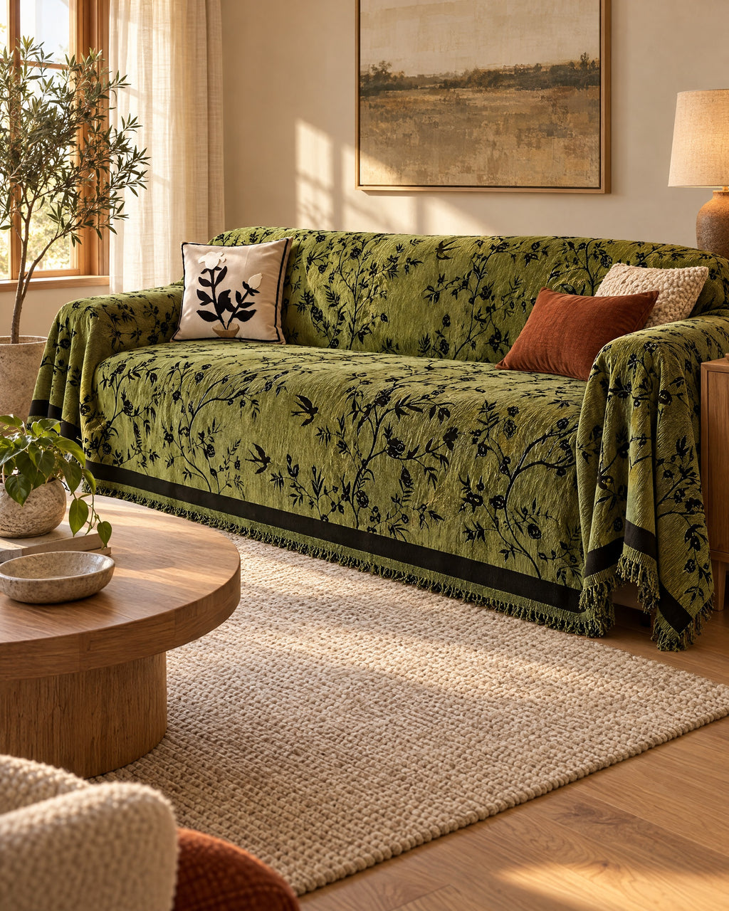 Olive Green: Ormel Elegant Chenille Sofa Cover in a warm living room