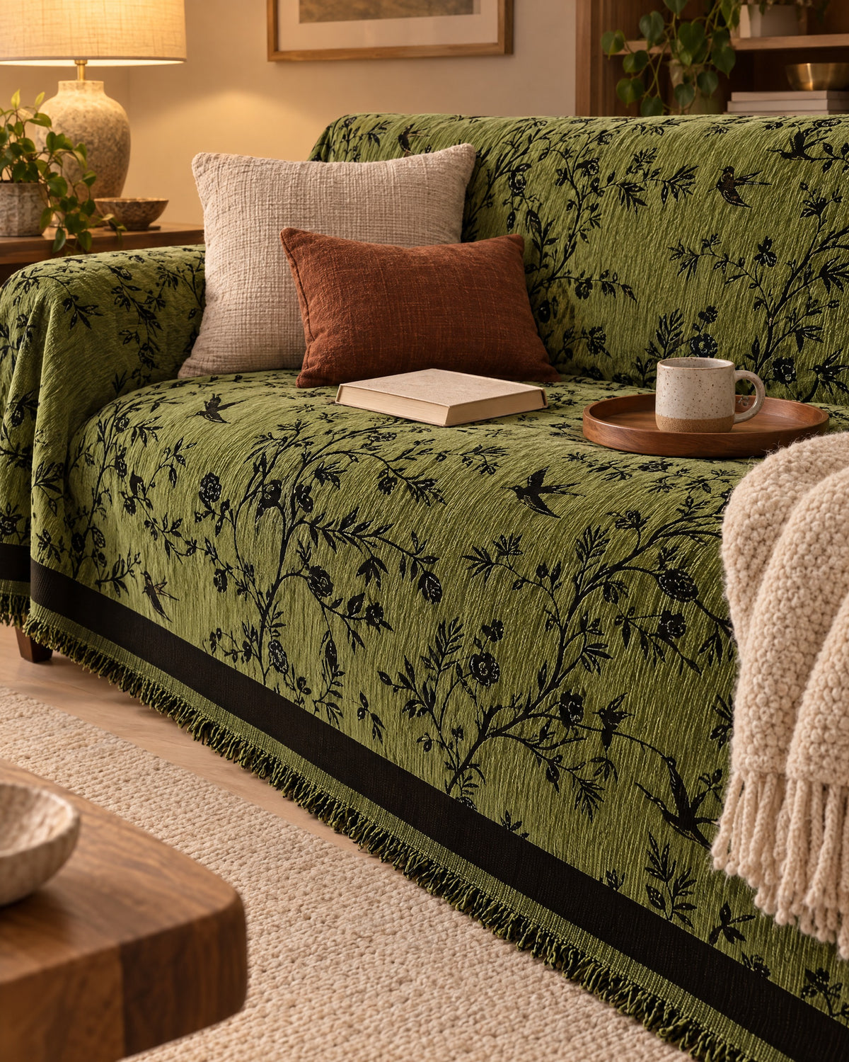 Olive Green: Ormel Elegant Chenille Sofa Cover on a cozy lived-in sofa