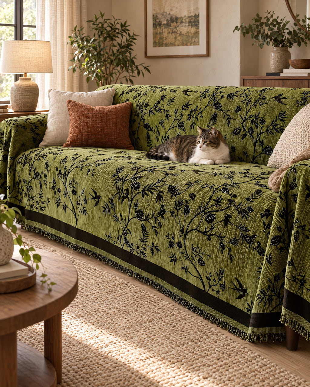 Olive Green: A cat resting on the Ormel Elegant Chenille Sofa Cover