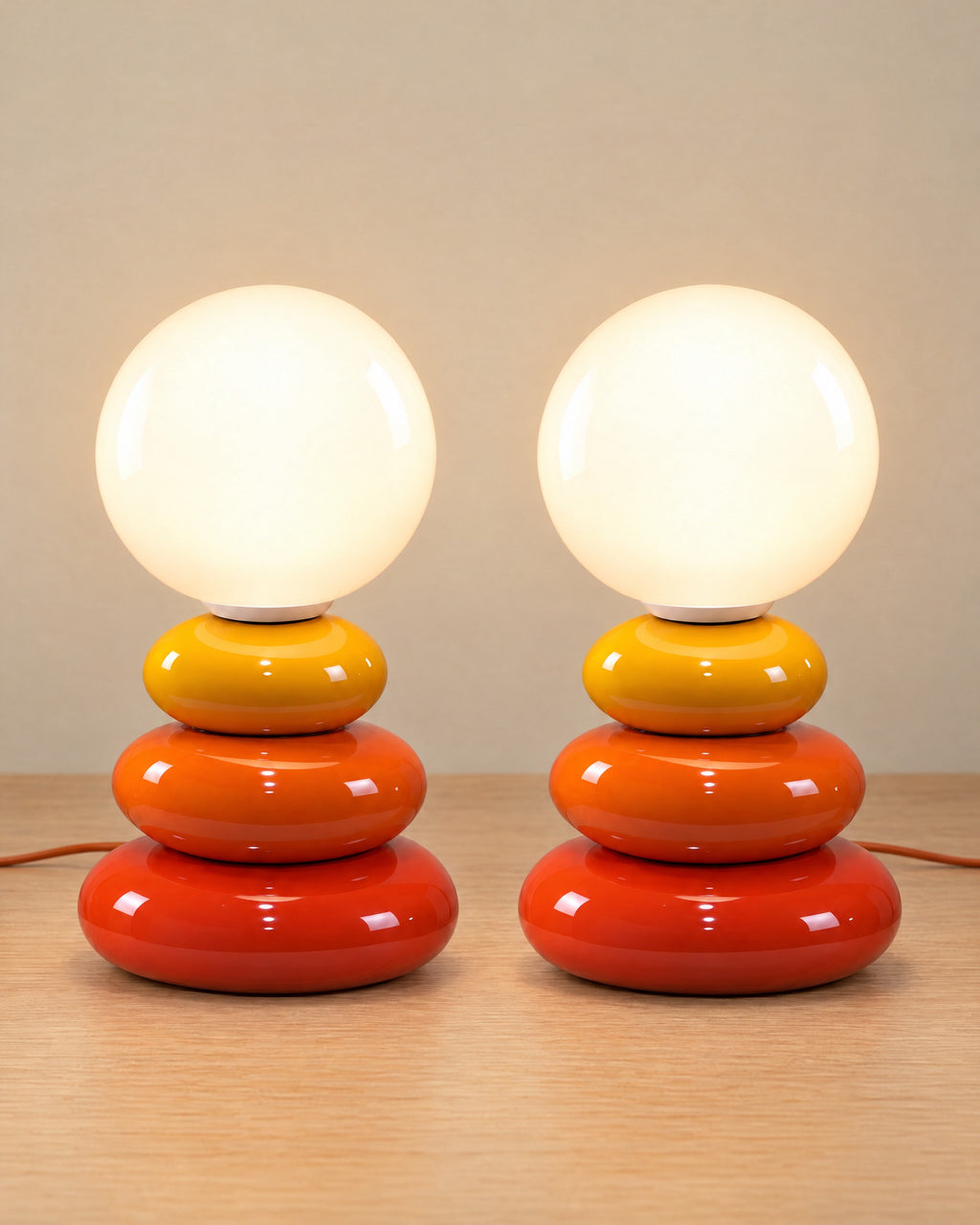 Pebble Stack Ceramic Nightstand Lamp, Set of 2, both lamps switched on