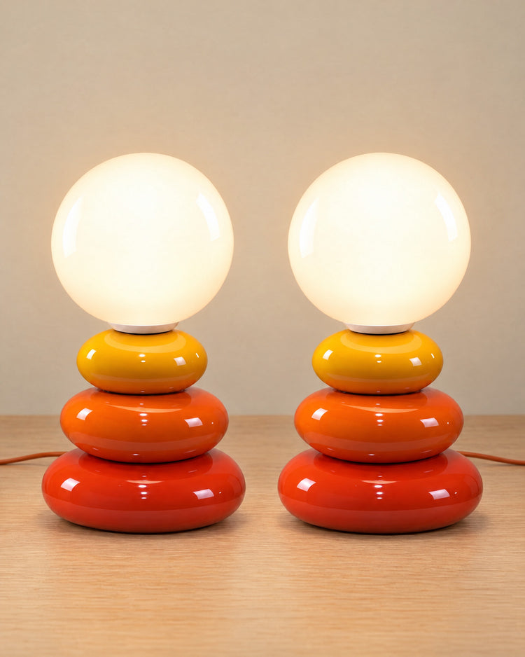 Pebble Stack Ceramic Nightstand Lamp, Set of 2, both lamps switched on