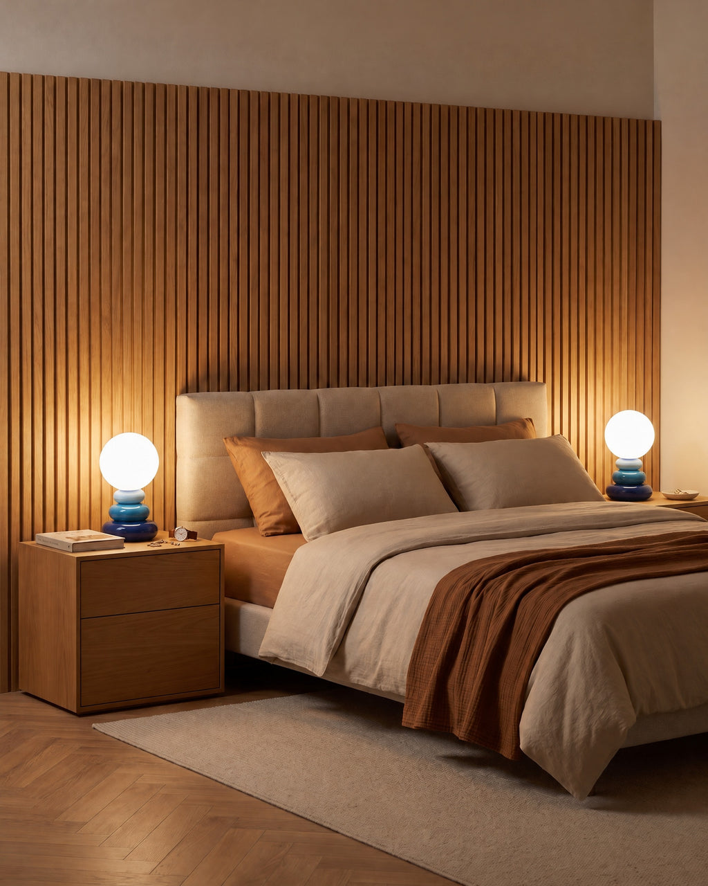 Pebble Stack Ceramic Nightstand Lamp — blue context pair