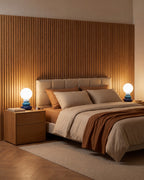 Pebble Stack Ceramic Nightstand Lamp — blue context pair