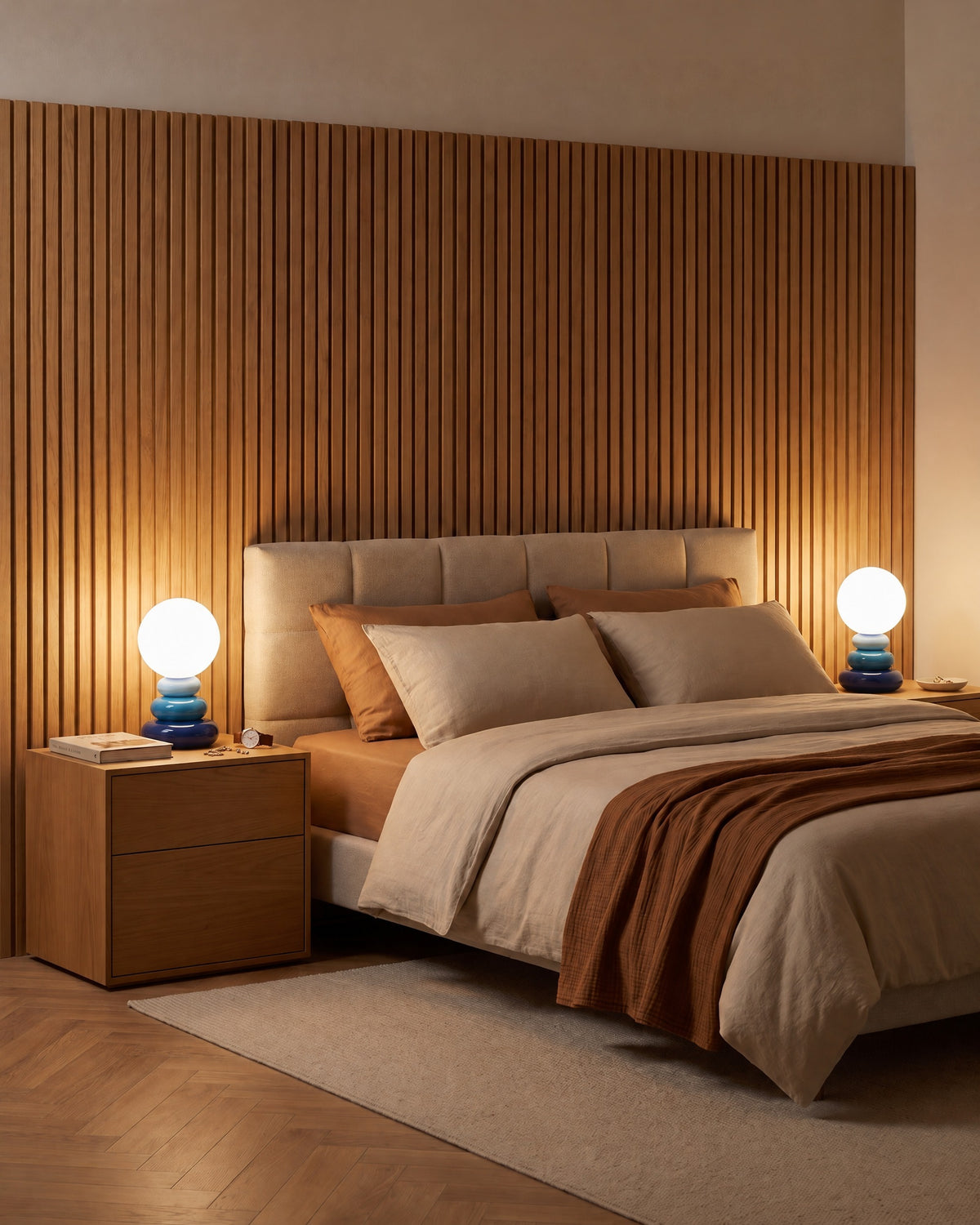 Pebble Stack Ceramic Nightstand Lamp — blue context pair
