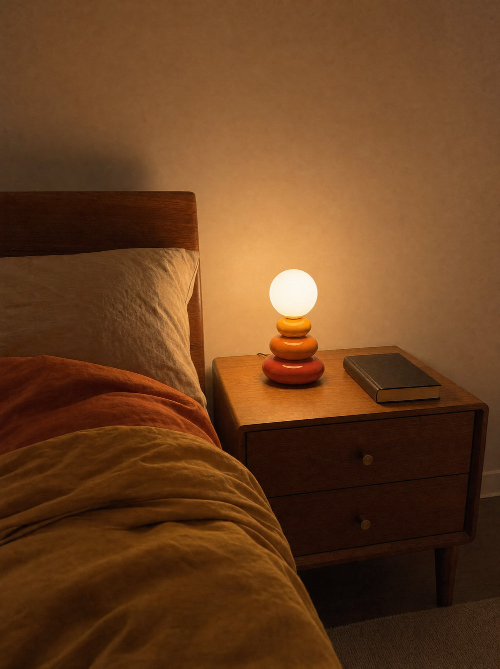 Pebble Stack Ceramic Nightstand Lamp, at night on a nightstand