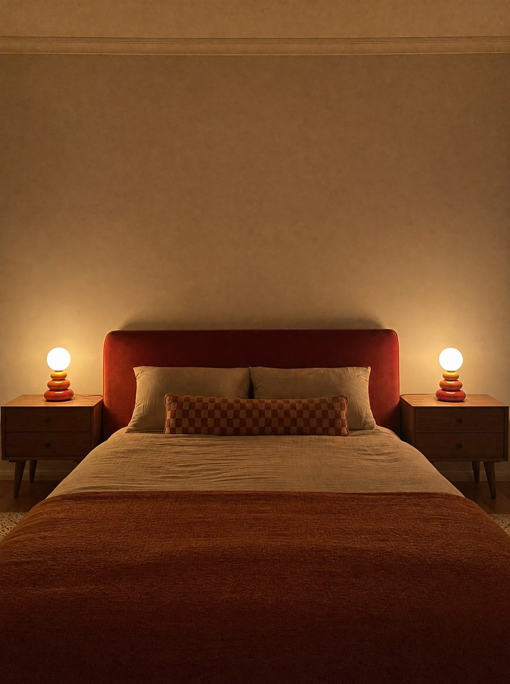 Pebble Stack Ceramic Nightstand Lamp, as a pair on both nightstands at night