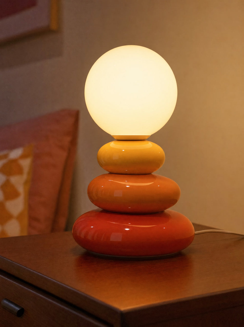 Pebble Stack Ceramic Nightstand Lamp, close-up, lit