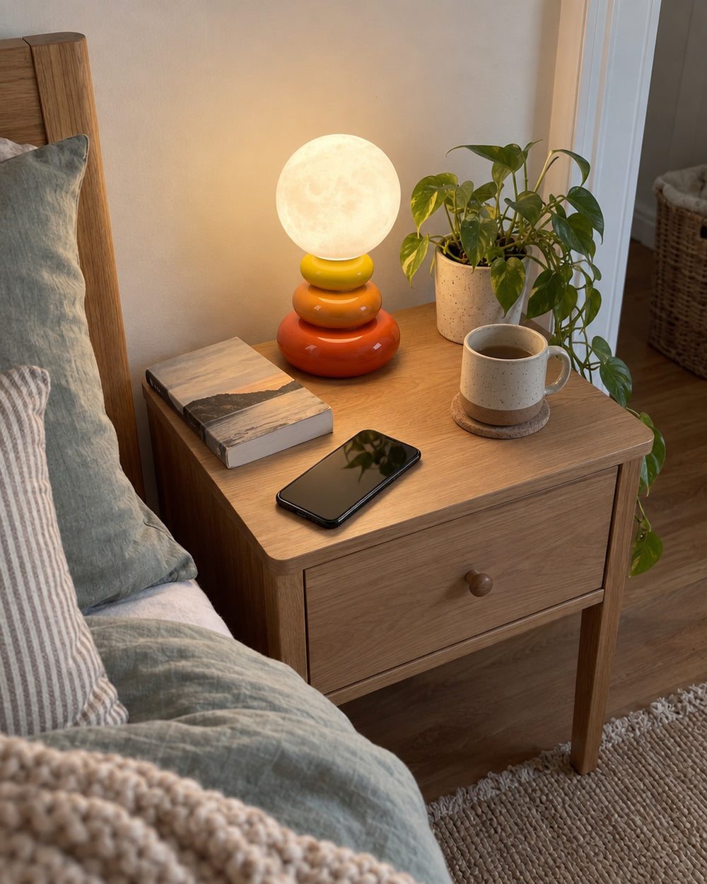 Pebble Stack Ceramic Nightstand Lamp in a real home