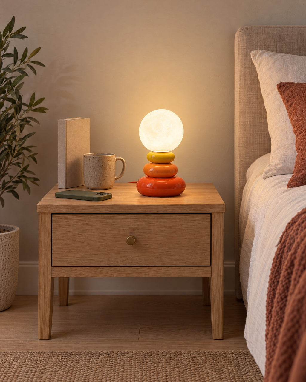 Orange: Pebble Stack Ceramic Nightstand Lamp in orange on a standard nightstand, showing its true size