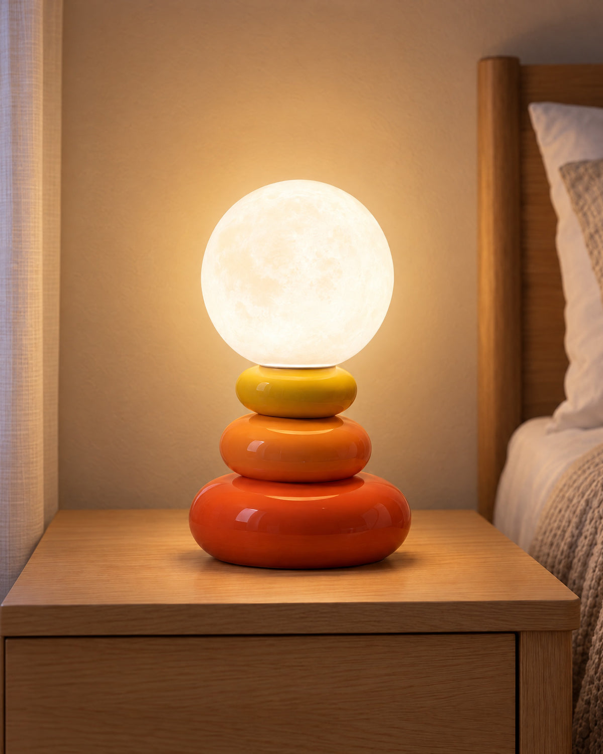 Orange: Pebble Stack Ceramic Nightstand Lamp switched on, close-up on a light oak nightstand