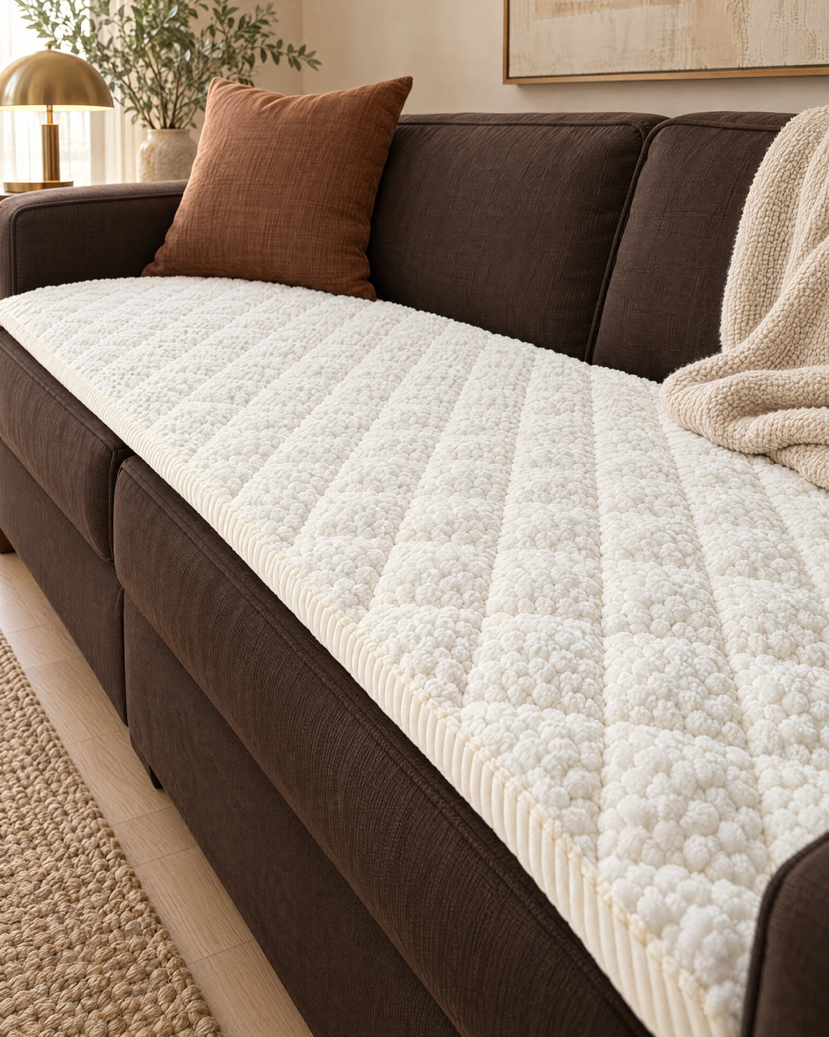 Ivory Bliss: Pet-Proof Textured Quilted Sofa Protector Slipcover, styled on a sofa