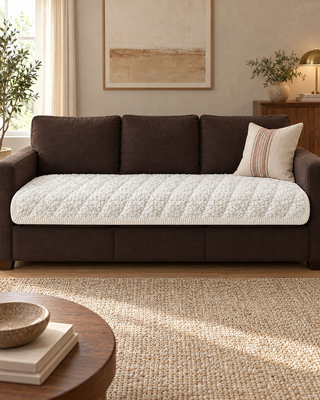 Ivory Bliss: Pet-Proof Textured Quilted Sofa Protector Slipcover shown on a full sofa