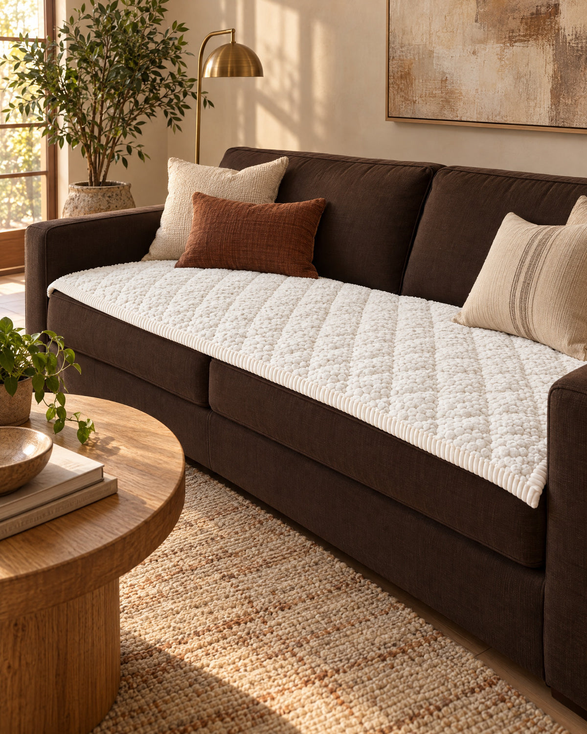 Ivory Bliss: Pet-Proof Textured Quilted Sofa Protector Slipcover in a warm living room