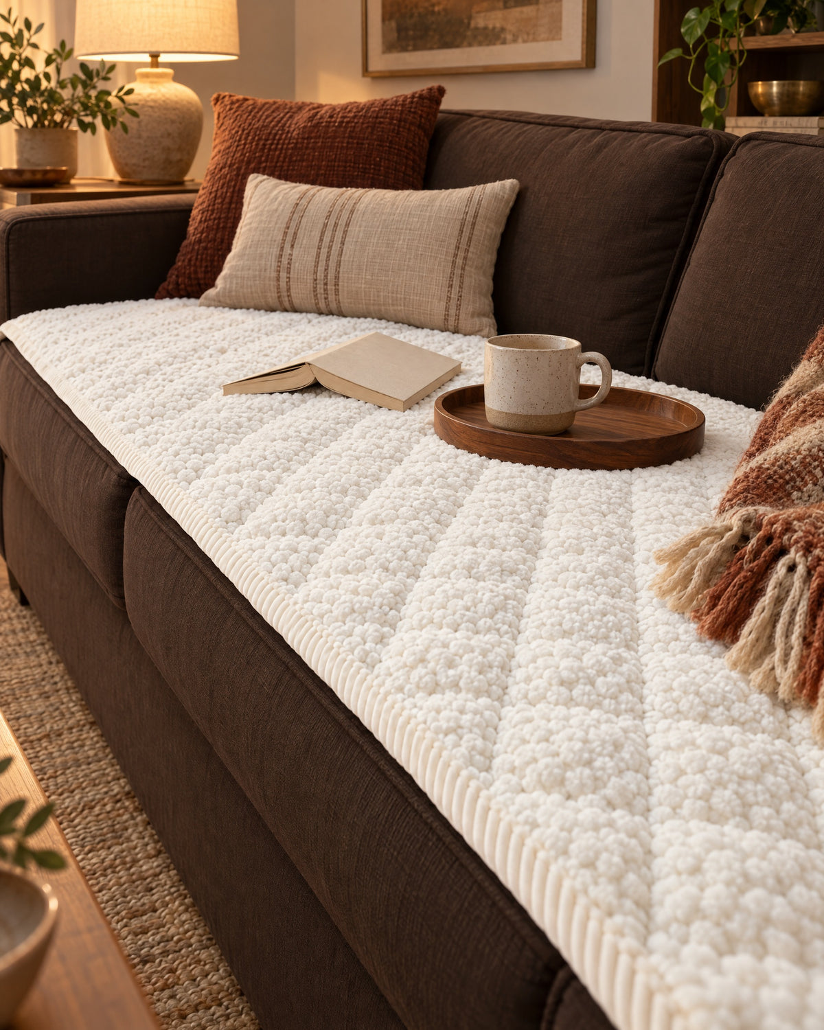 Ivory Bliss: Pet-Proof Textured Quilted Sofa Protector Slipcover on a cozy lived-in sofa