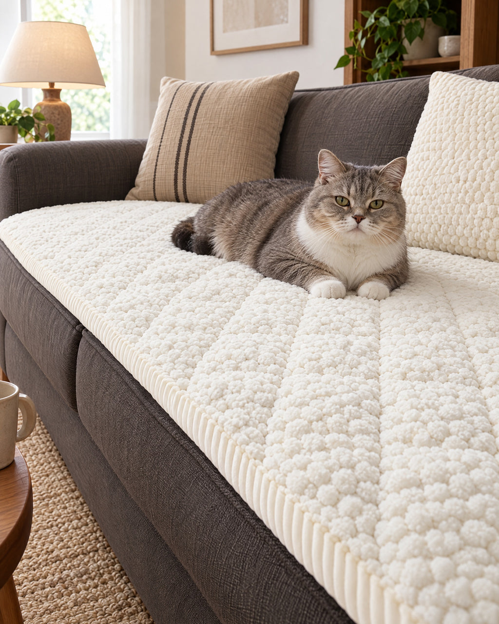 Ivory Bliss: A cat resting on the Pet-Proof Textured Quilted Sofa Protector Slipcover