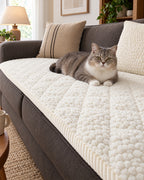 Ivory Bliss: A cat resting on the Pet-Proof Textured Quilted Sofa Protector Slipcover