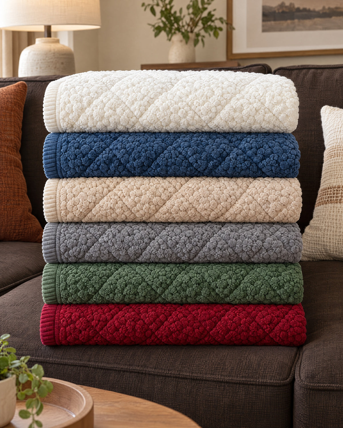 Ivory Bliss: All variants of the Pet-Proof Textured Quilted Sofa Protector Slipcover folded in one stack