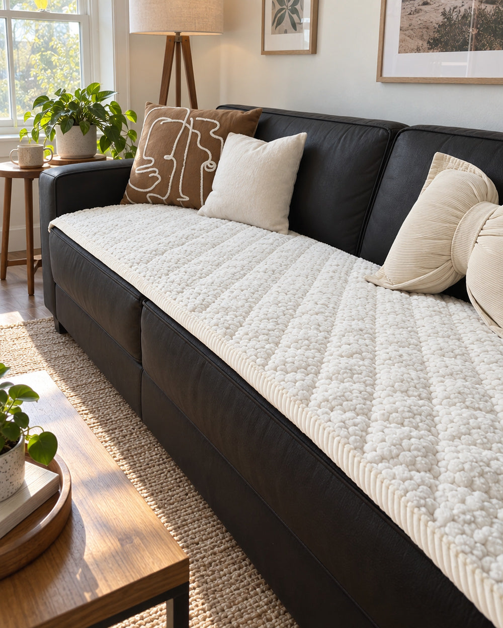 Pet-Proof Textured Quilted Sofa Protector Slipcover in a real home