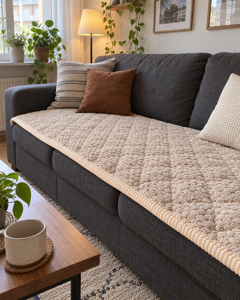 Pet-Proof Textured Quilted Sofa Protector Slipcover in a real home