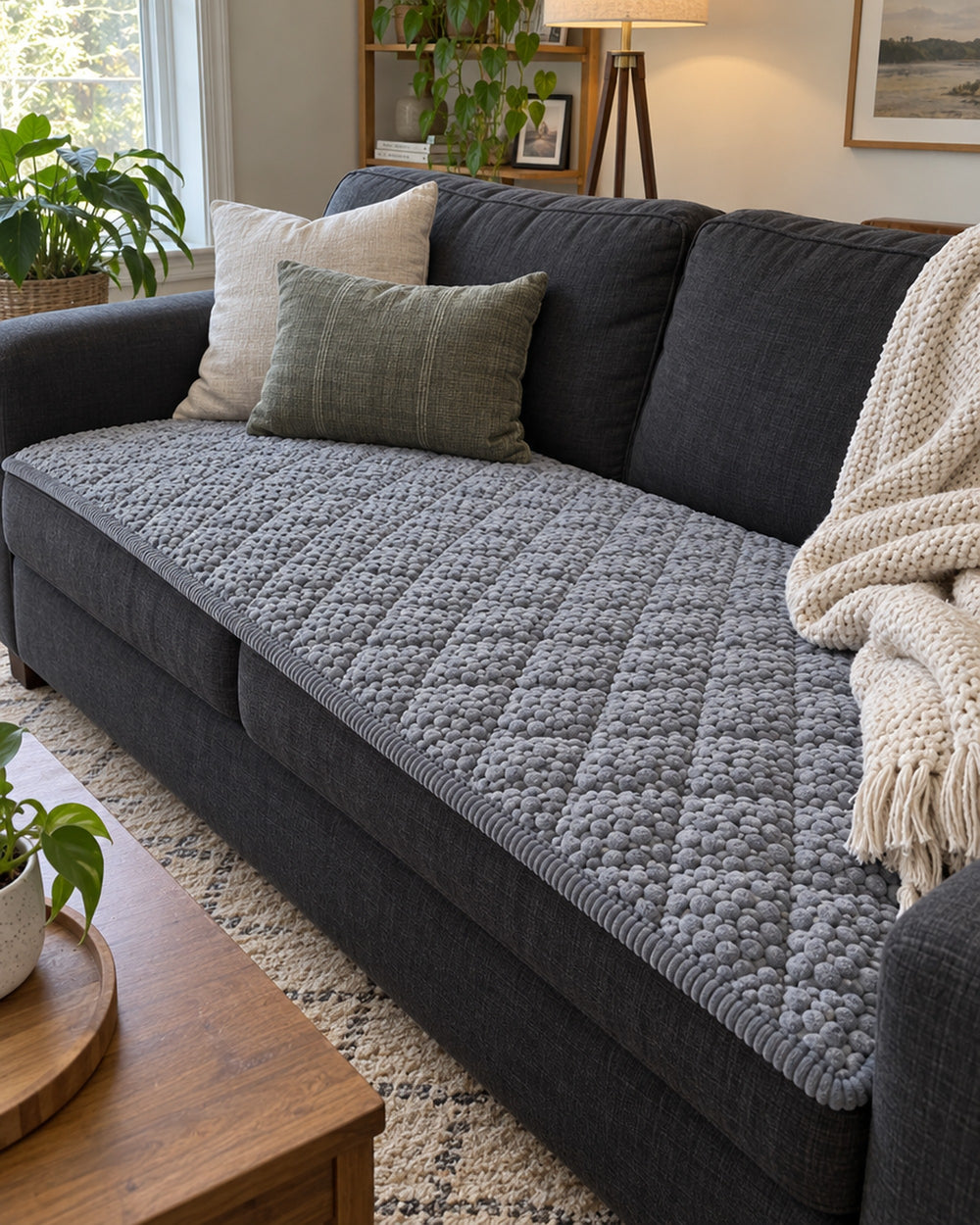 Pet-Proof Textured Quilted Sofa Protector Slipcover in a real home