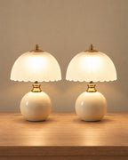 Petal Dome Ceramic Nightstand Lamp, Set of 2, both lamps switched on