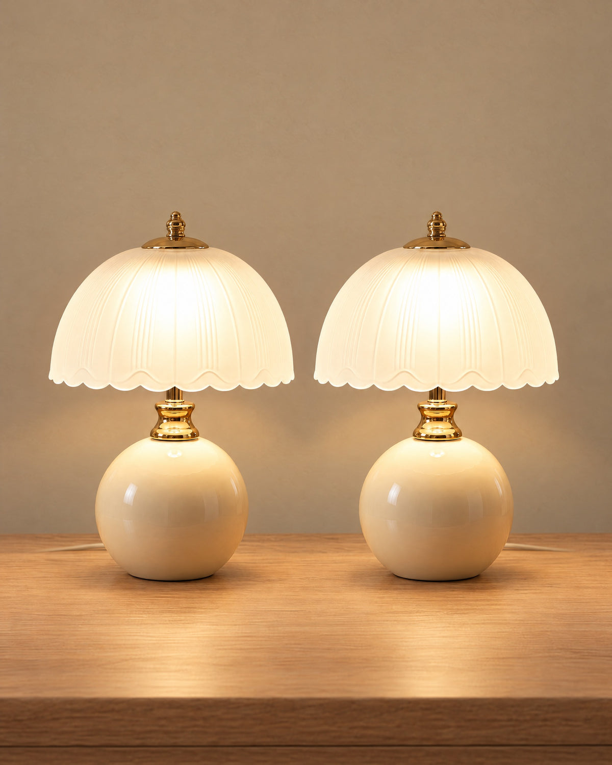 Petal Dome Ceramic Nightstand Lamp, Set of 2, both lamps switched on