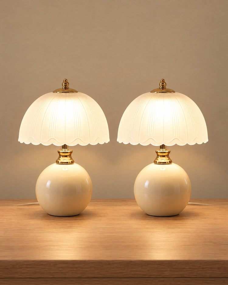 Petal Dome Ceramic Nightstand Lamp, Set of 2, both lamps switched on