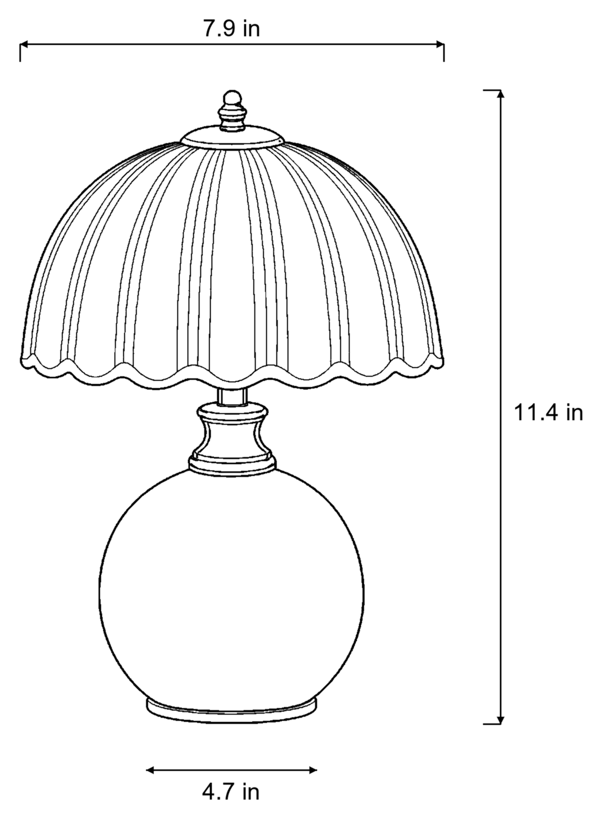 Dimensions sketch of the Petal Dome Ceramic Nightstand Lamp, Set of 2 with measurements