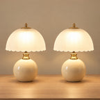 Petal Dome Ceramic Nightstand Lamp, Set of 2, both lamps switched on