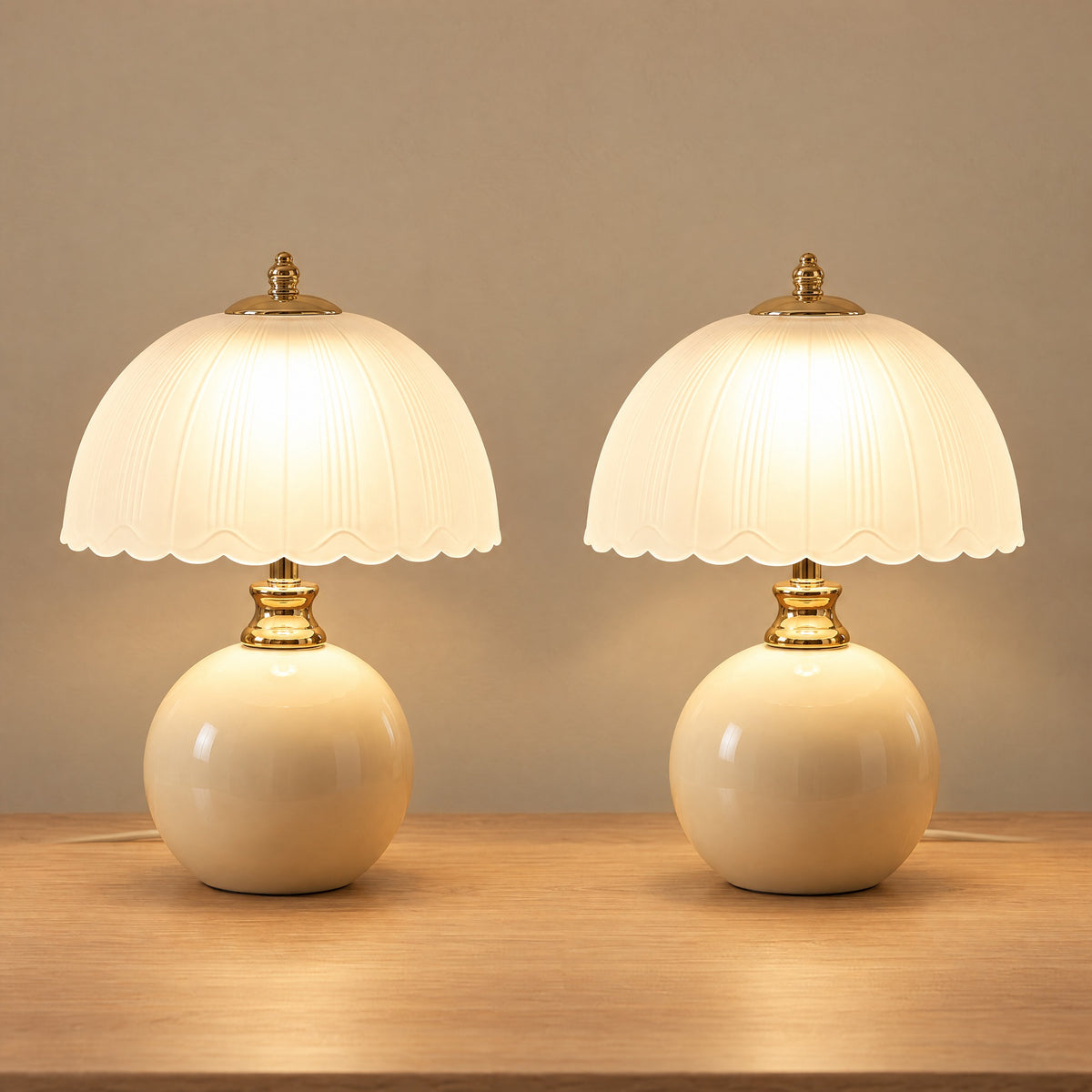 Petal Dome Ceramic Nightstand Lamp, Set of 2, both lamps switched on