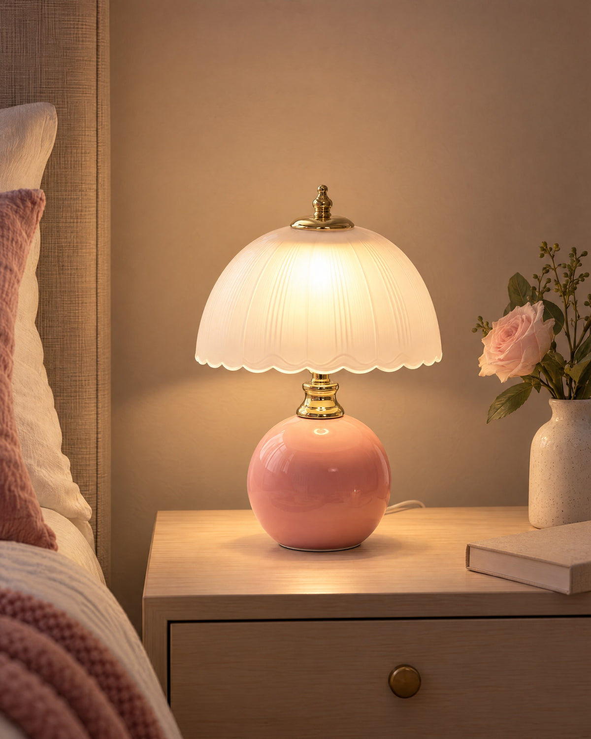 Pink: Petal Dome Ceramic Nightstand Lamp in pink lit on a nightstand in the evening