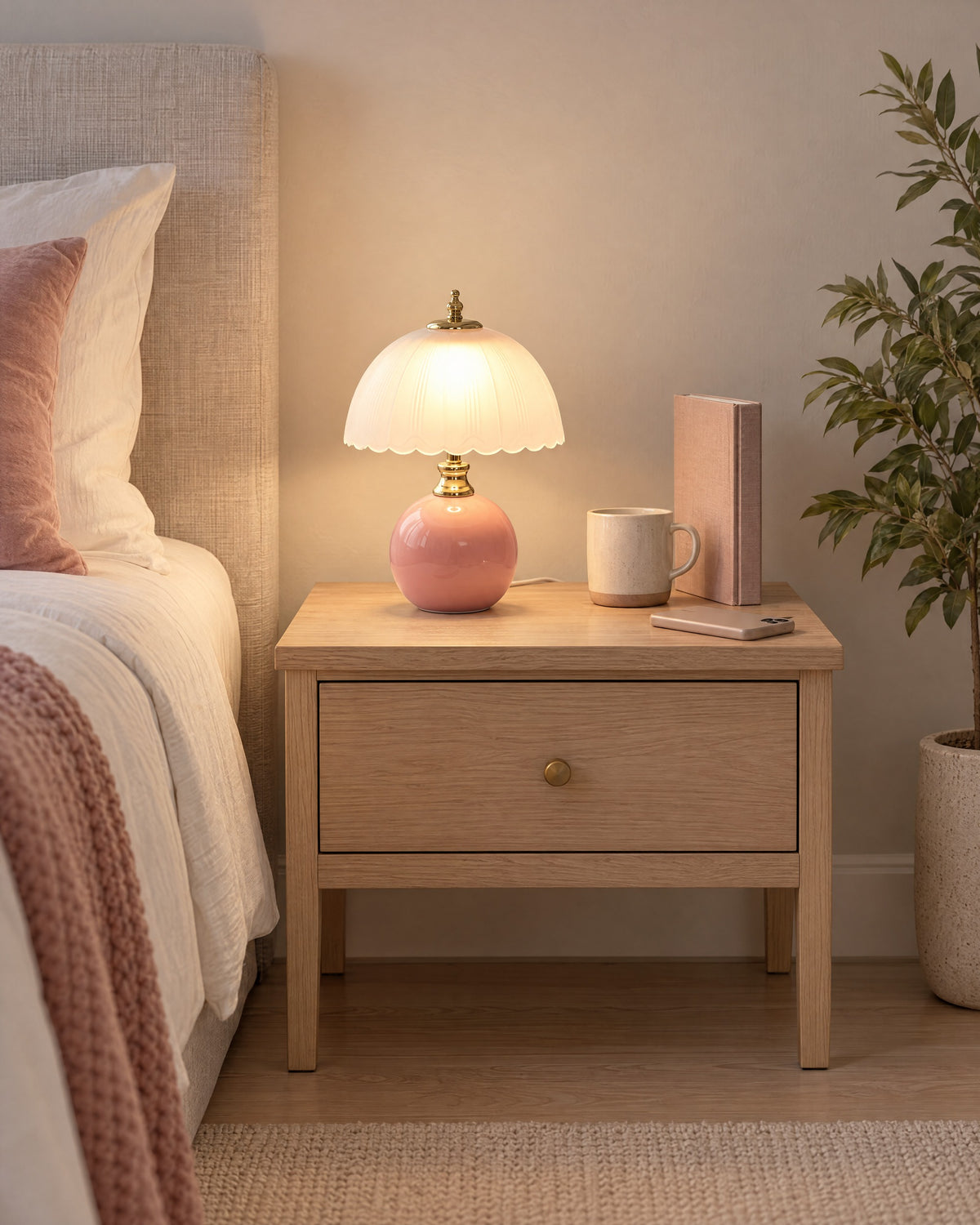 Pink: Petal Dome Ceramic Nightstand Lamp in pink on a standard nightstand with a book, phone and mug for scale