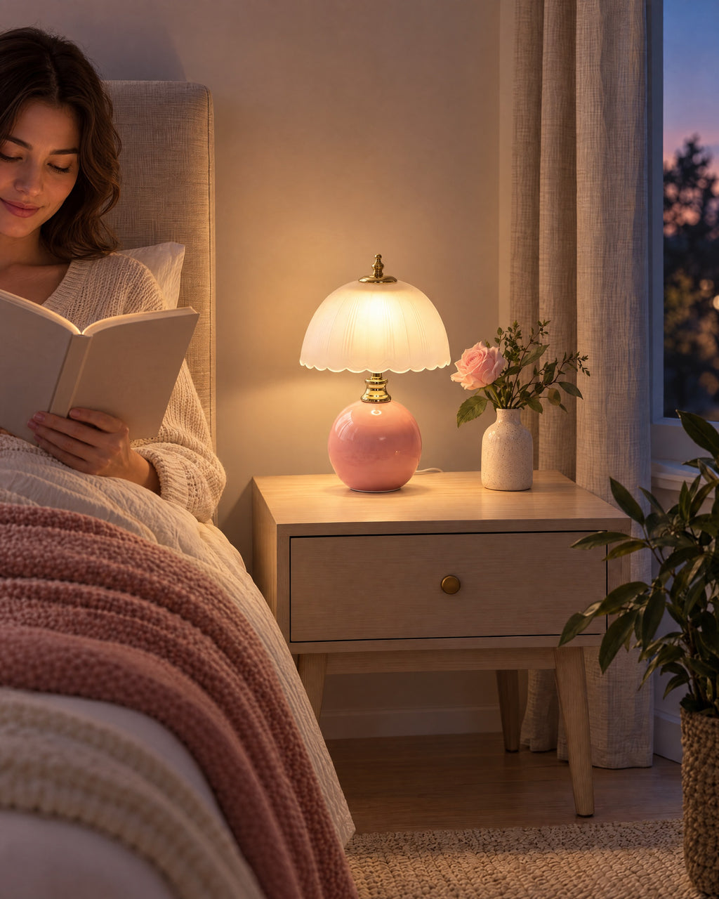 Pink: Petal Dome Ceramic Nightstand Lamp in pink as a reading light beside a woman reading in bed
