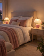 Pink: Two Petal Dome Ceramic Nightstand Lamp lamps in pink flanking a bed at night