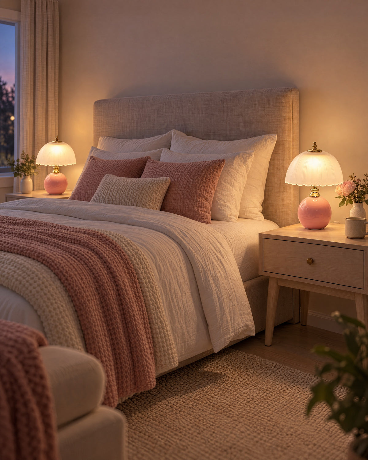 Pink: Two Petal Dome Ceramic Nightstand Lamp lamps in pink flanking a bed at night