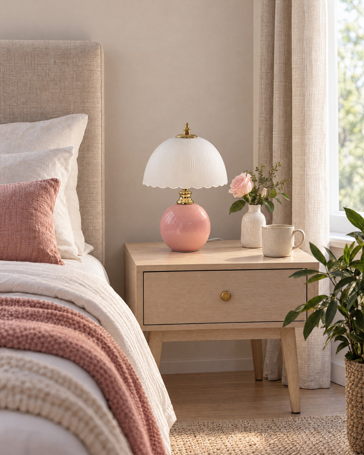 Pink: Petal Dome Ceramic Nightstand Lamp in pink switched off in soft morning daylight