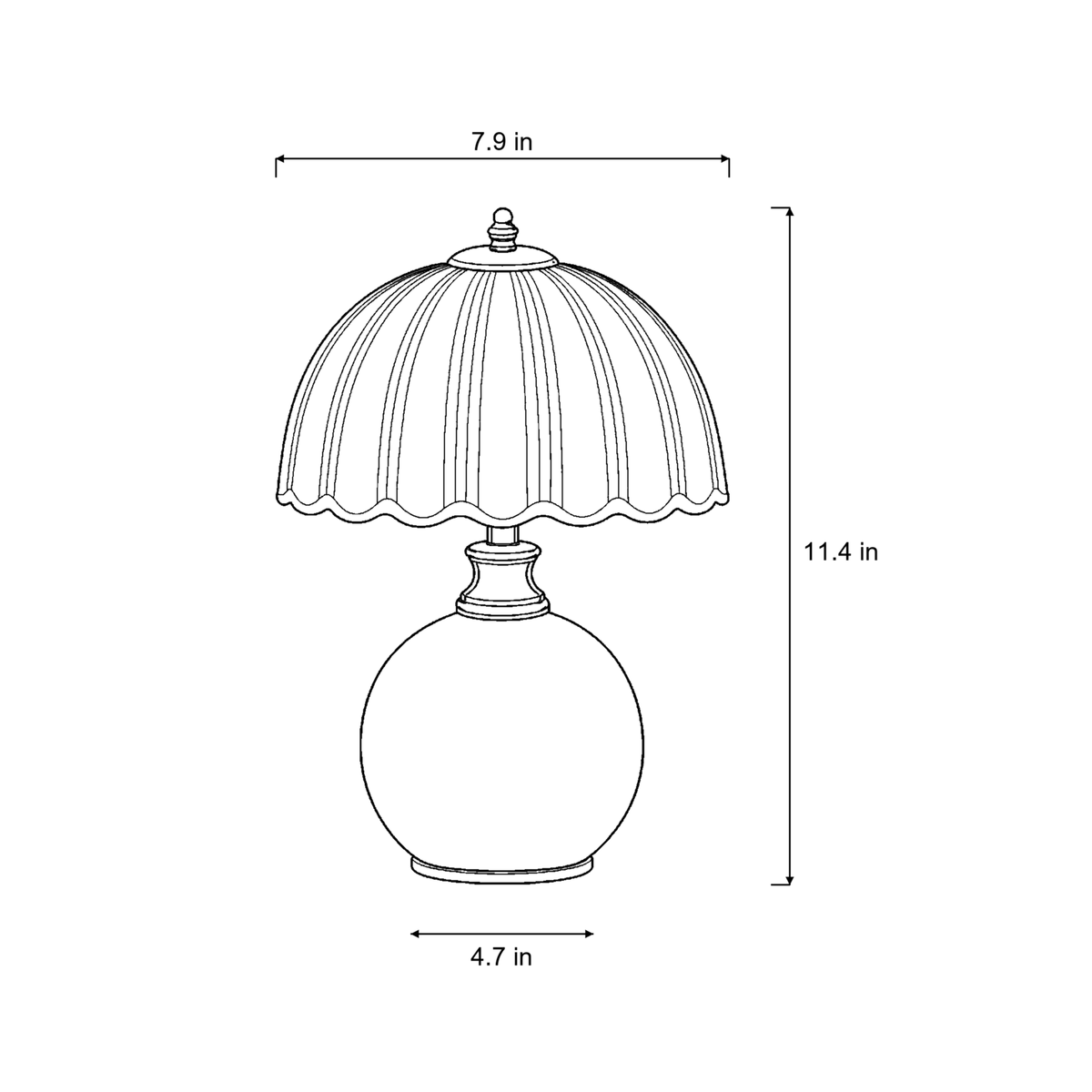 Dimensions sketch of the Petal Dome Ceramic Nightstand Lamp with measurements