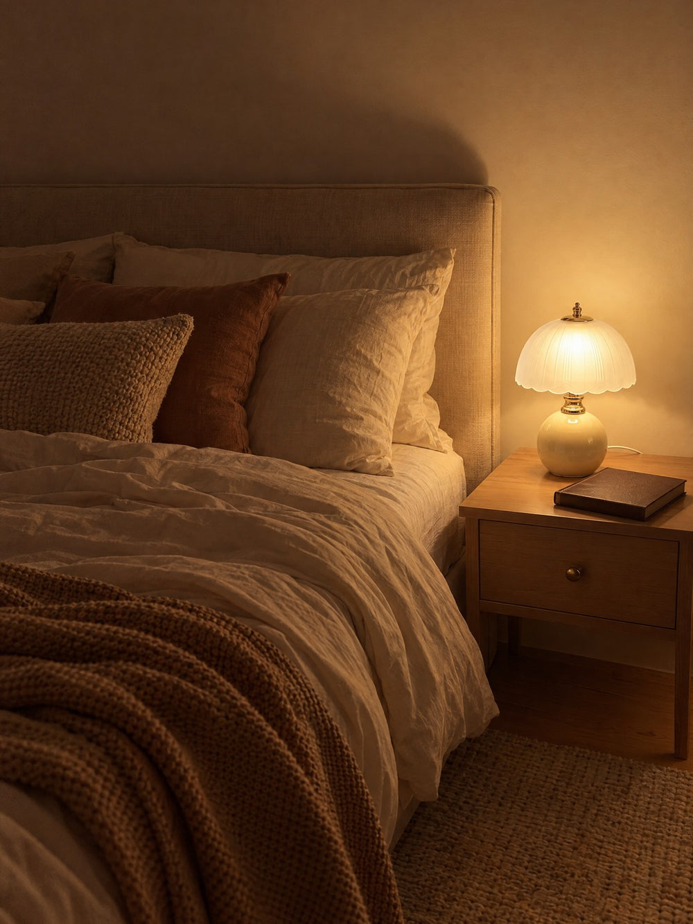 Petal Dome Ceramic Nightstand Lamp lit on a nightstand at night