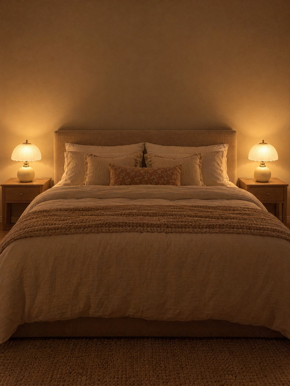 Two Petal Dome Ceramic Nightstand Lamp lamps on either side of a bed at night
