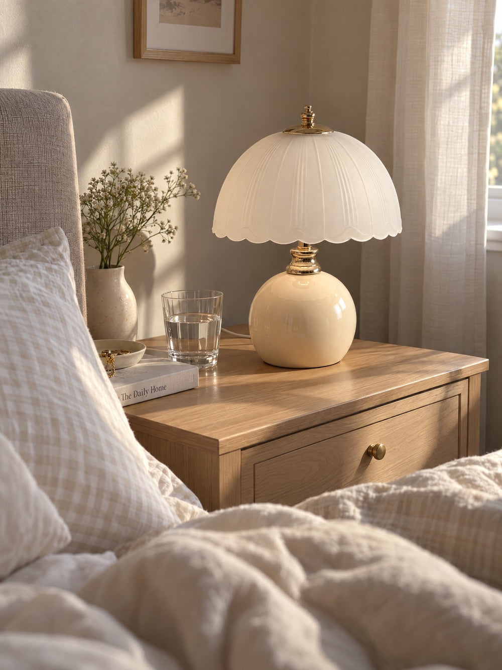 Petal Dome Ceramic Nightstand Lamp seen from bed in the morning