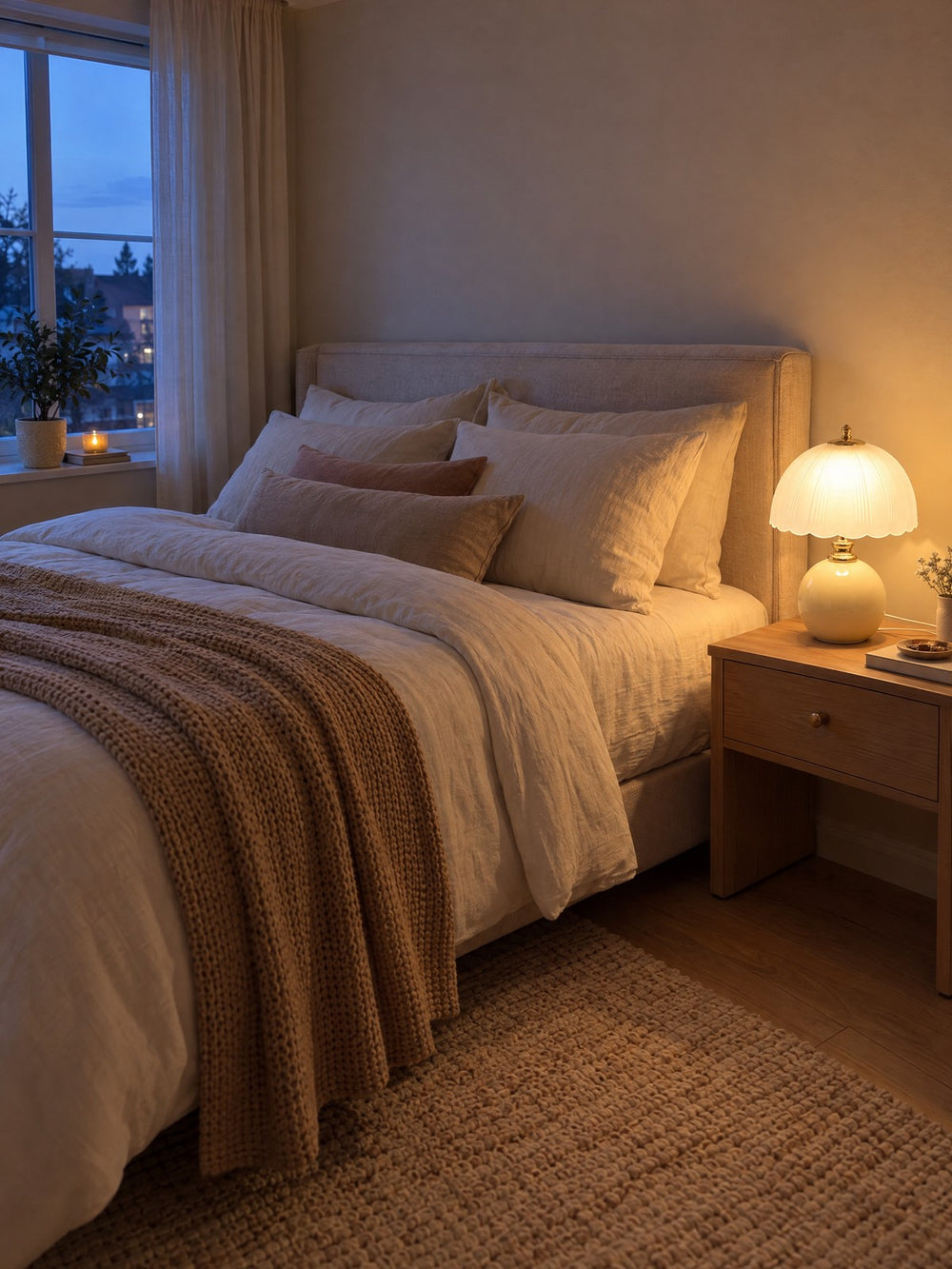 Petal Dome Ceramic Nightstand Lamp lit at dusk with blue evening light outside
