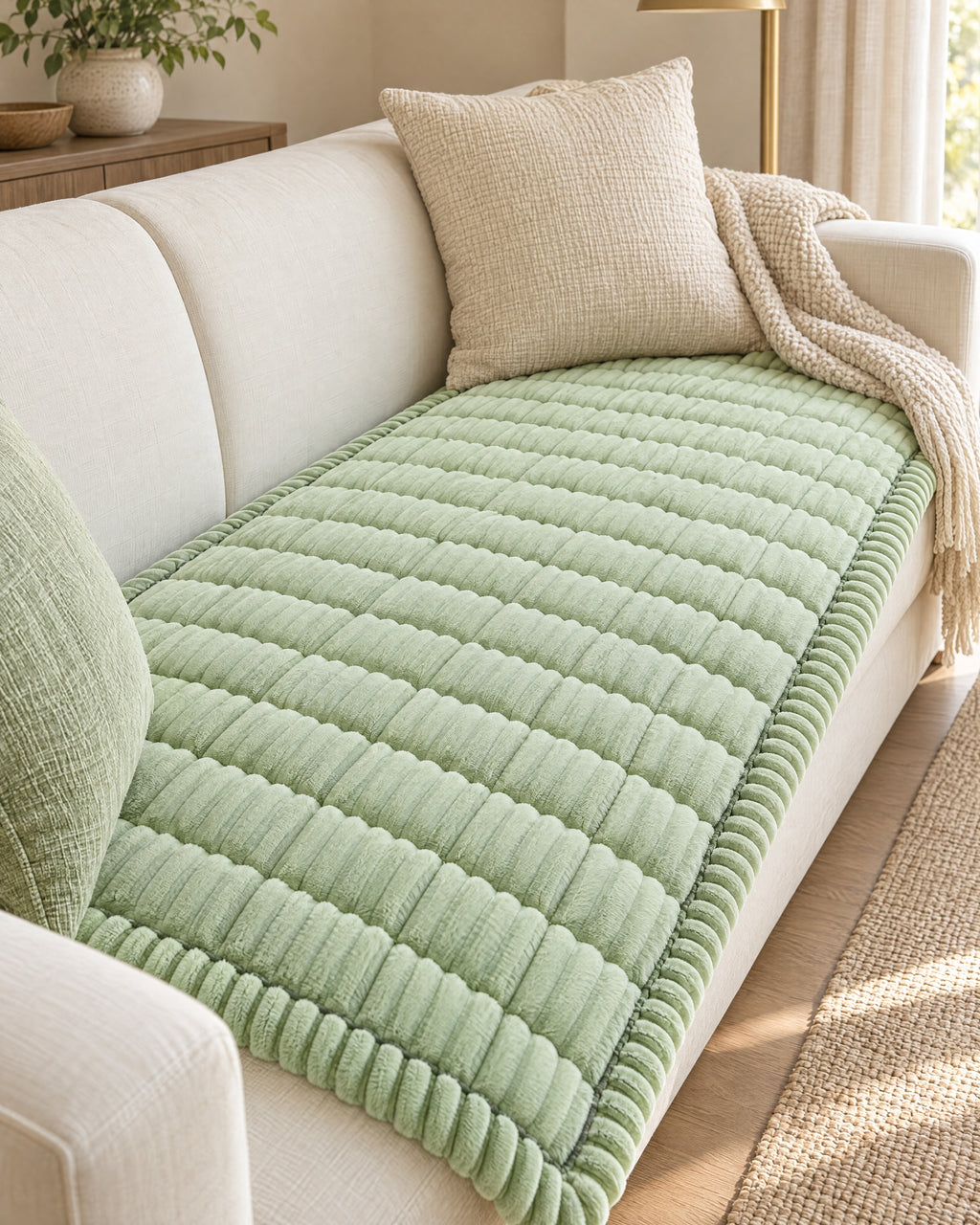 Fresh Meadow: Plush Pleated Edges Sofa Cover, styled on a sofa