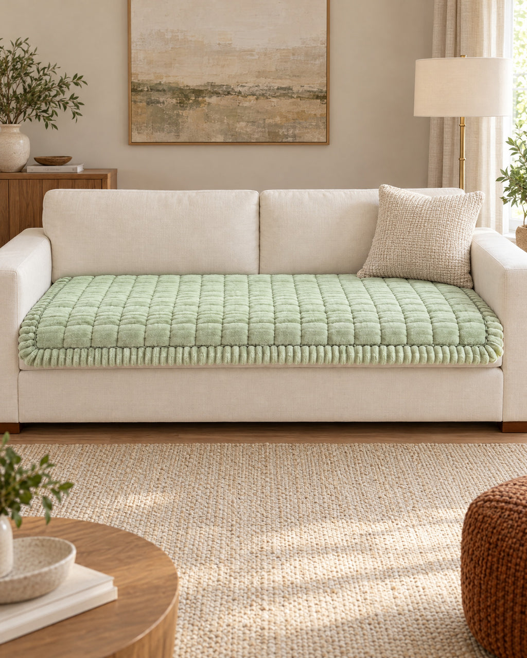 Fresh Meadow: Plush Pleated Edges Sofa Cover shown on a full sofa, arms uncovered